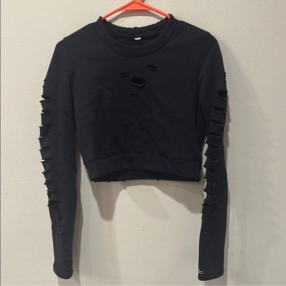 ALO Yoga Black Cropped Cut Out Hoodie - Picture 1 of 4